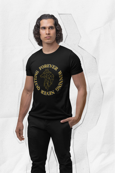 Black t-shirt with gold graphic wolf logo and phase forever winning never quitting circulating the logo 