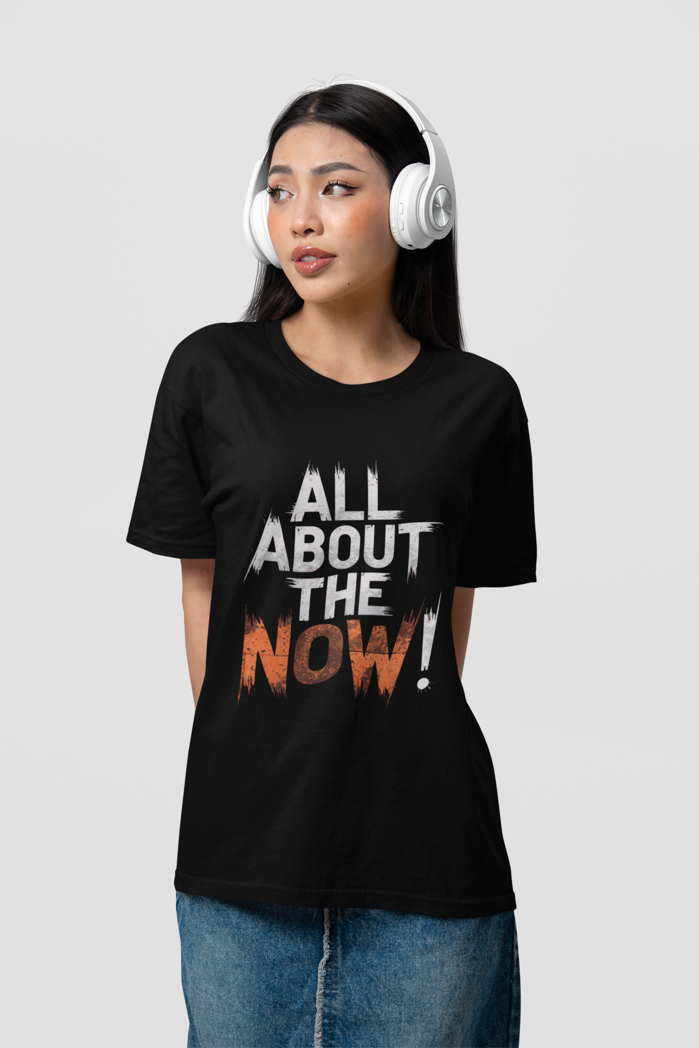 Black Brushstroke-style motivational t-shirt with 'All about the now' print – Bella Canvas unisex fit