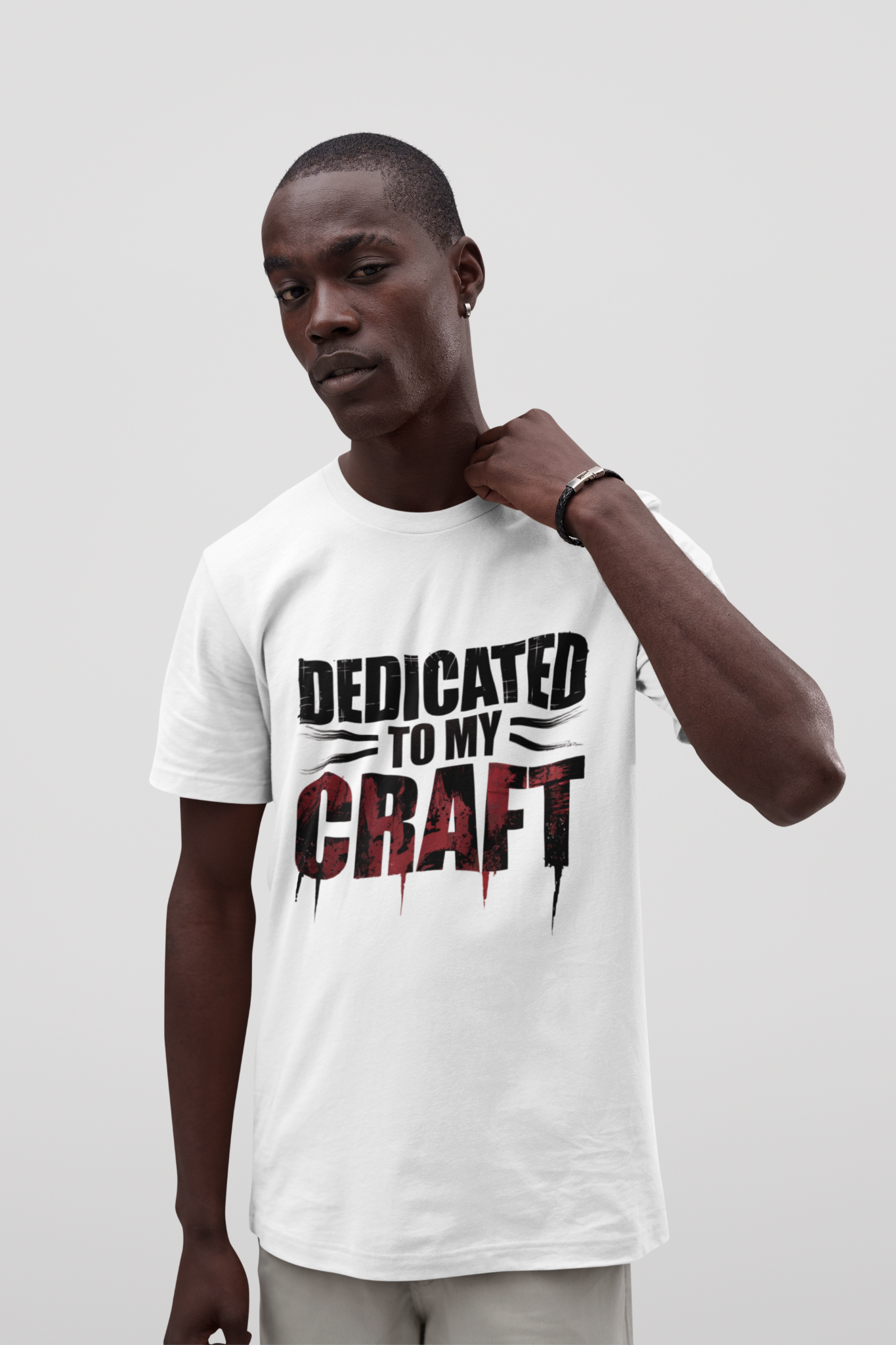 White grunge-style motivational t-shirt with 'Dedicated to my craft' print – Bella Canvas unisex fit