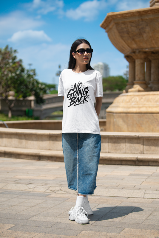 White brushstroke-style motivational t-shirt with 'No going back' print – Bella Canvas unisex fit